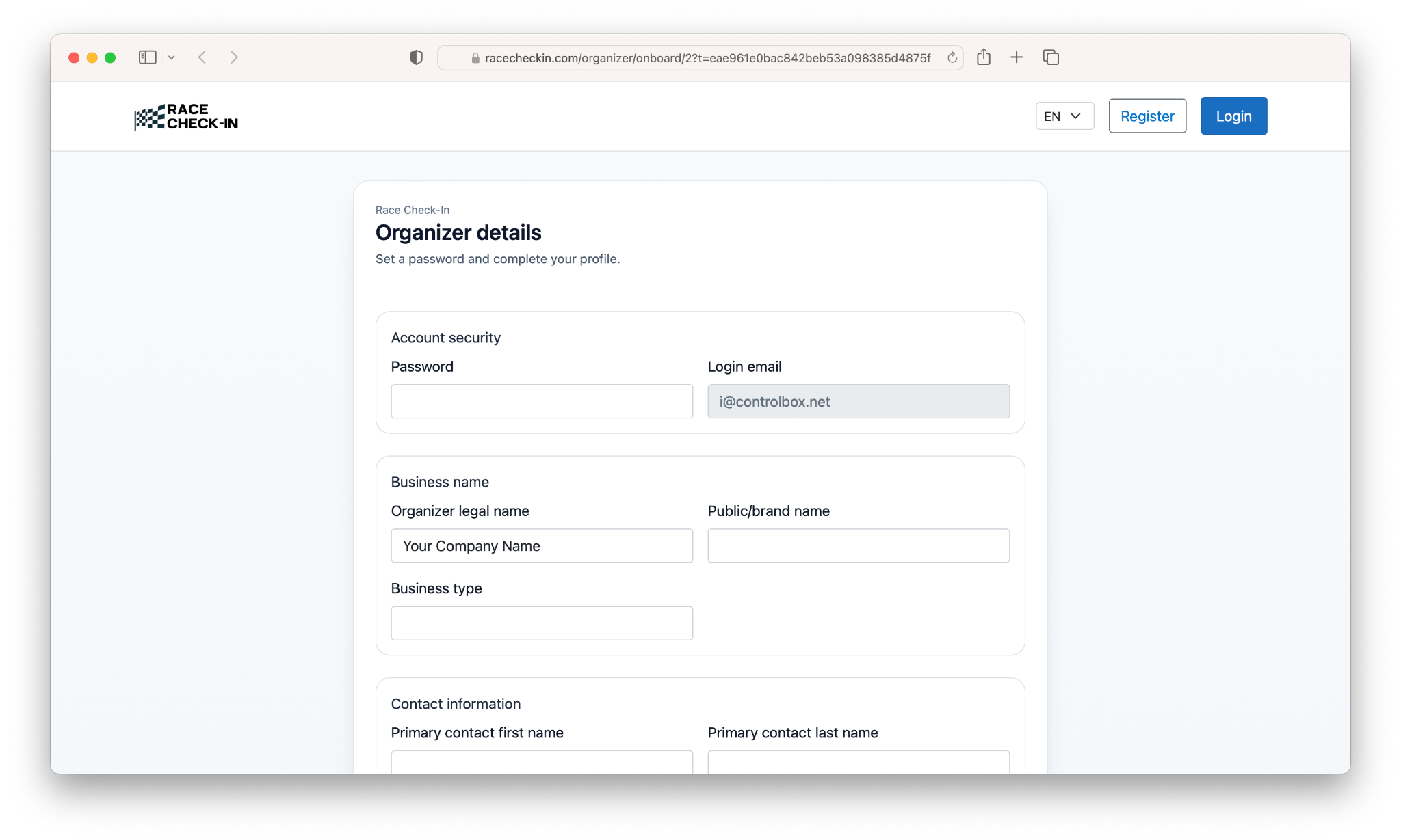 Organizer details onboarding